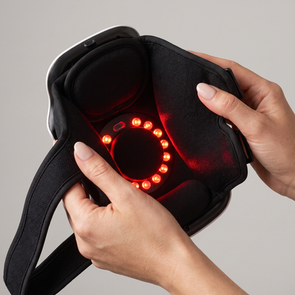 Close-up of ReMotion wrap glowing red LED light therapy