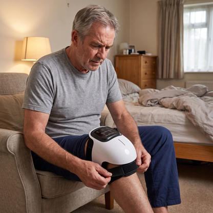 Older man adjusting the ReMotion Knee Wrap strap in his bedroom