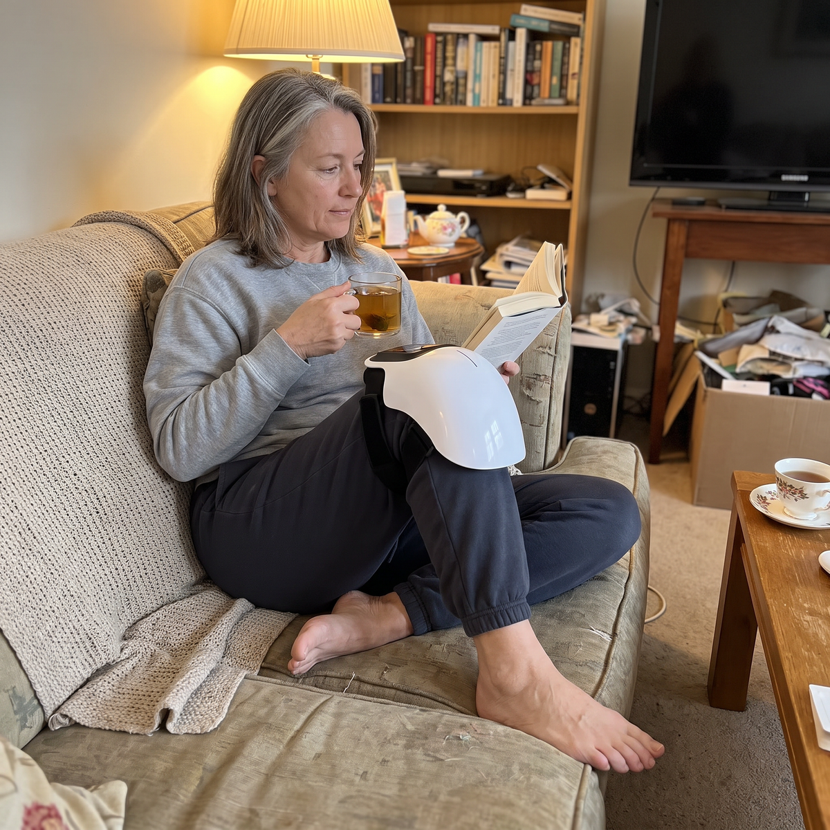 Woman reading with tea while wearing the ReMotion Knee Wrap at home