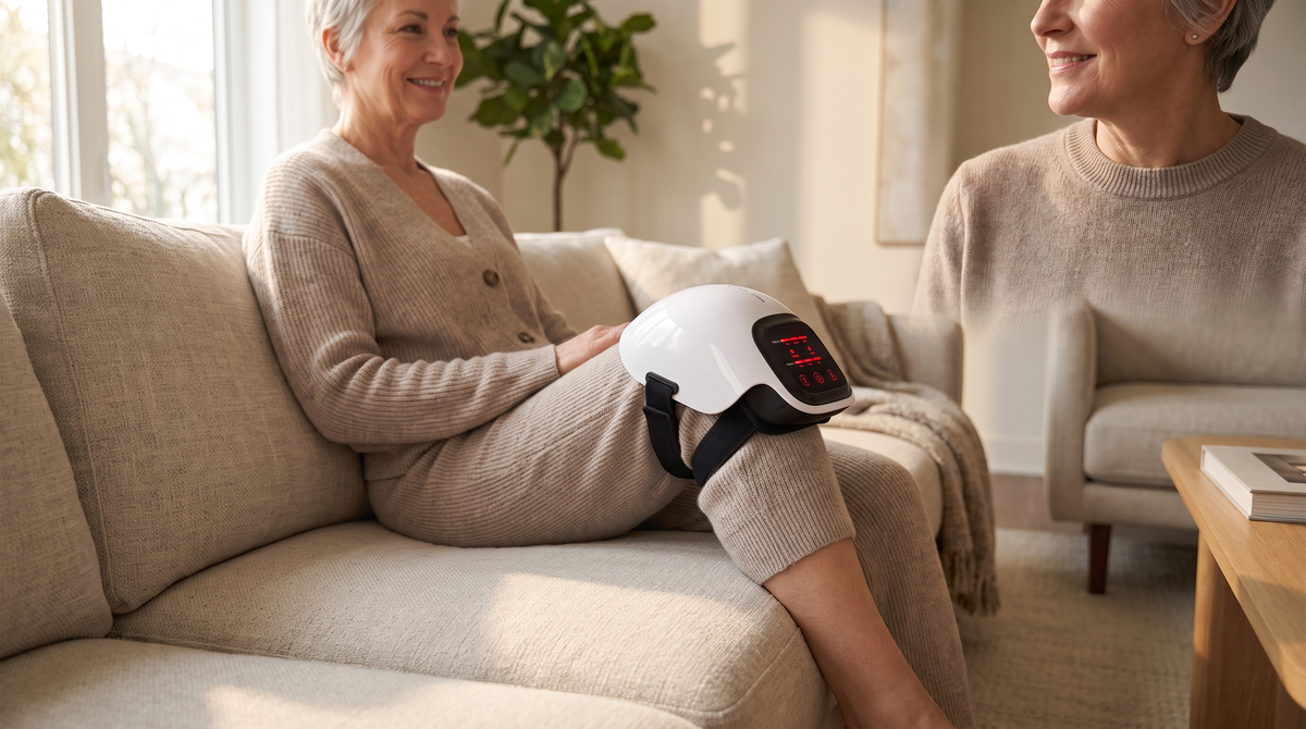 Relaxed adult wearing ReMotion knee wrap at home